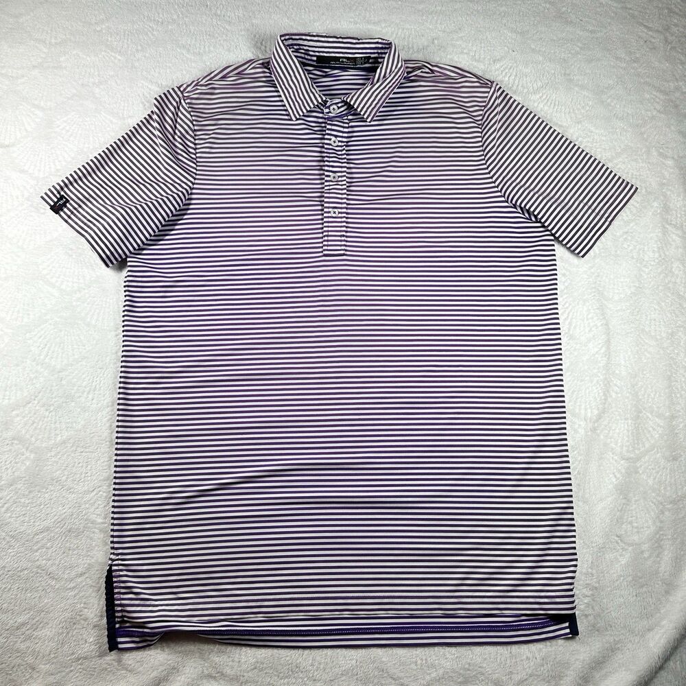 RLX Ralph Lauren Golf Polo Shirt Mens Size L Purple White Stripes Performance